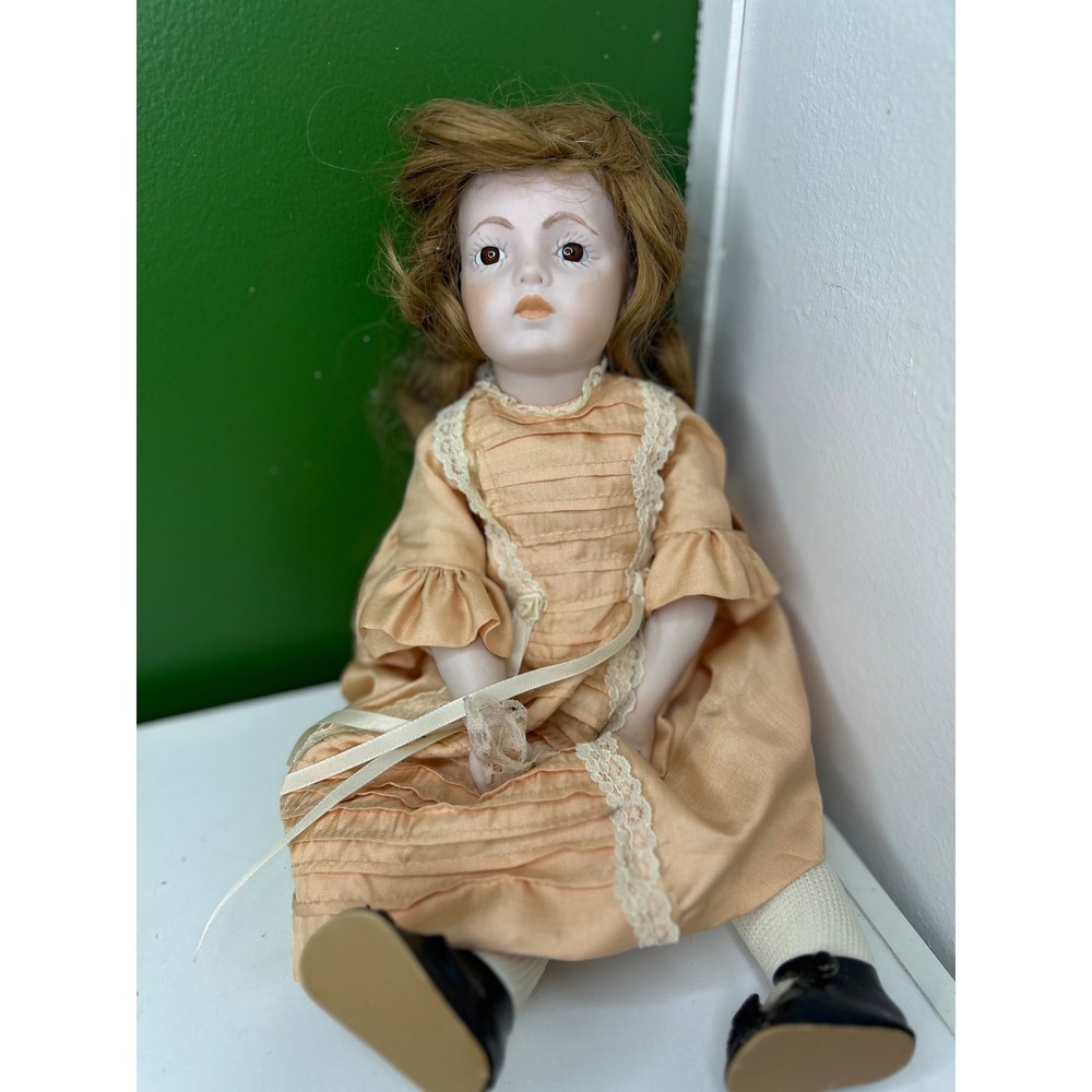 Vintage Porcelain Bisque Doll Victorian Peach Lace Dress Strawberry Blonde Hair